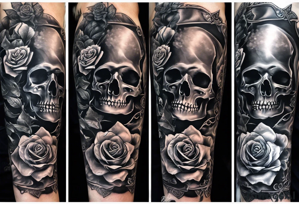 Full arm sleeve incorporating the four aces in a deck of cards, skulls, daggers, roses, thorns and the names: Ace, Willow, and Rider. Background is smoke. tattoo idea