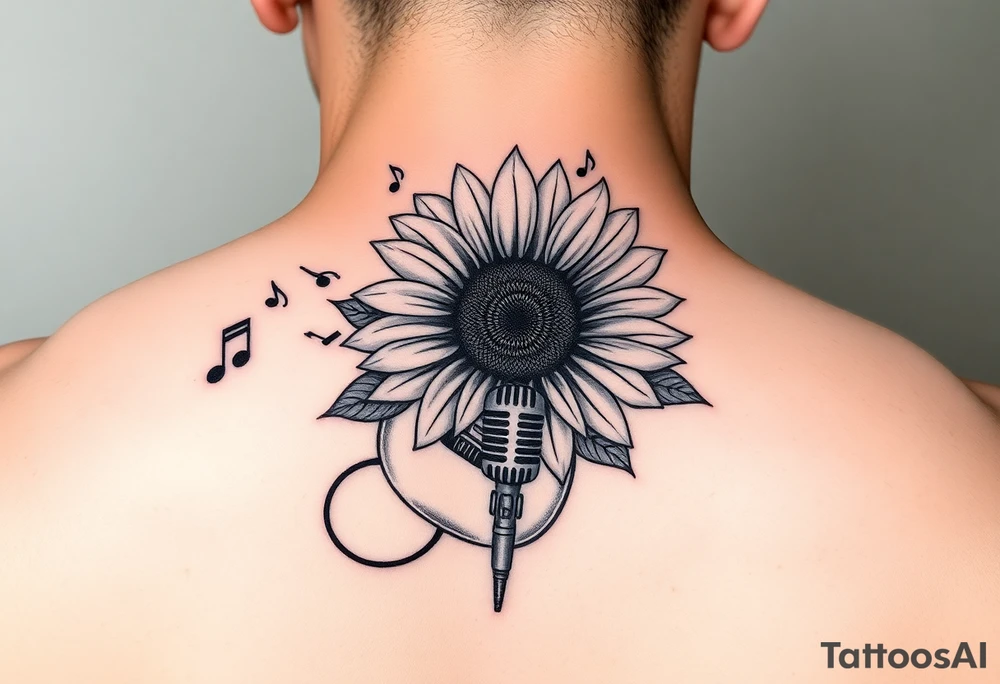 sunflower with a guitar behind at an angle with music notes flowing through and a microphone tattoo idea