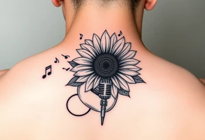 sunflower with a guitar behind at an angle with music notes flowing through and a microphone tattoo idea