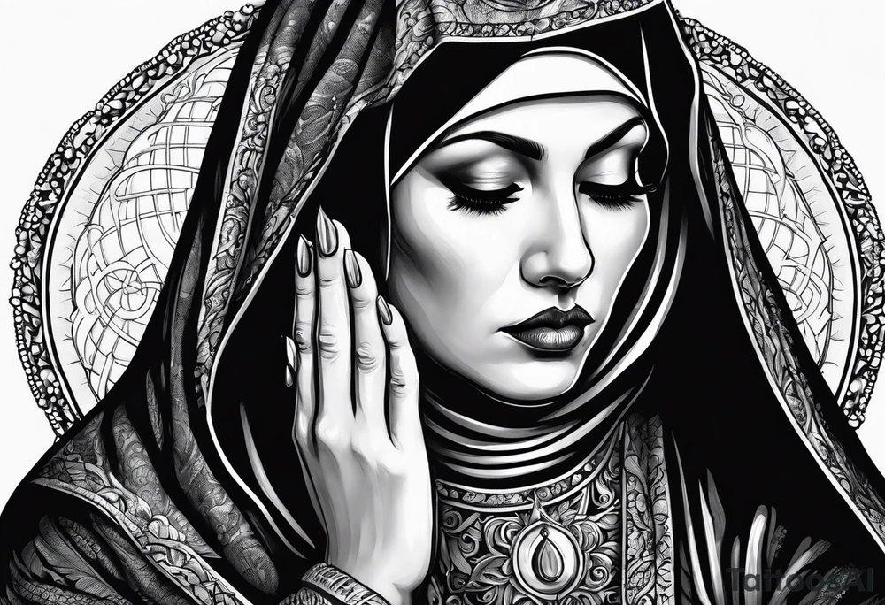 nun with nails in her eyes praying to god tattoo idea