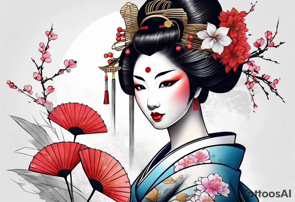 design of a geisha with a branch and a flower, asian style with color tattoo idea