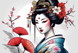 design of a geisha with a branch and a flower, asian style with color tattoo idea