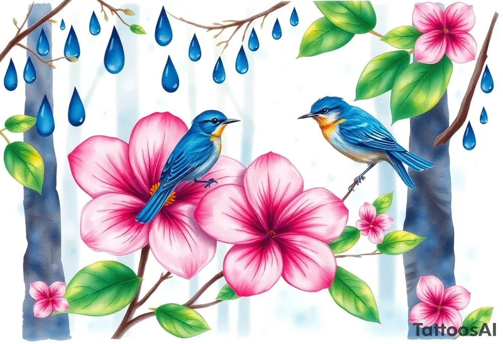 forest background with blue rain drops, pink camelia flower and blue wren bird tattoo idea