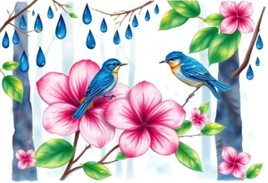 forest background with blue rain drops, pink camelia flower and blue wren bird tattoo idea
