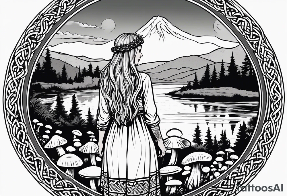 Whole picture encircled fully

Straight long blonde hair hippie girl in distance holding mushrooms in hand facing away toward mountains and creek surrounded by mushrooms long sleeve shirt and hiking pants; whole rendering within a full celtic circle border, no cut off circle tattoo idea