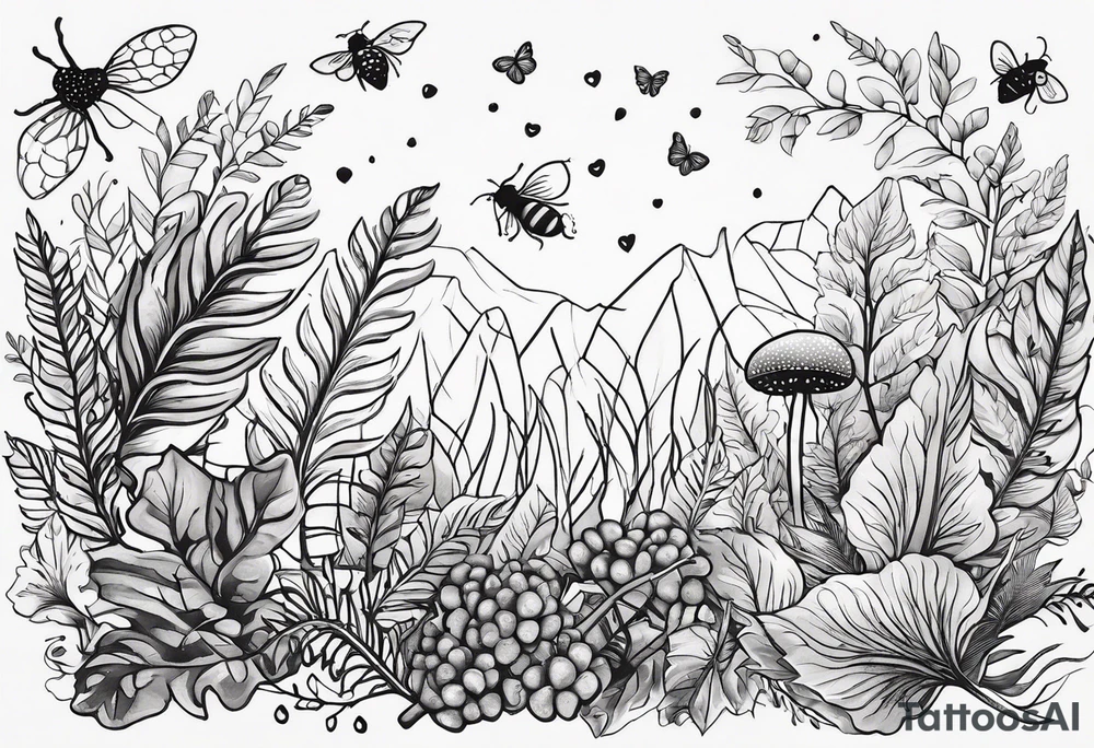 forest floor inspired minimalist tattoo, which includes grass, curly ferns and dead leaves as the bulk of the tattoo. details to include: three very tiny strawberries, a tiny bumblebee flying nearby, three small brown mushrooms tattoo idea