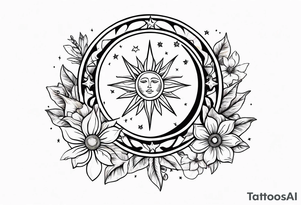 Western floral with sun stars and moon. Mirrored tattoo idea