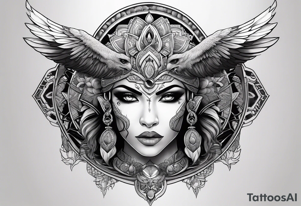 kali ma, alien goddess, valkrye, aries, pirate, divine feminine, zenza resonance, pachamama, lotus azul, blank panther, eagle, skull, 5D, nueva gaya, dna 12, left side chest tatoo tattoo idea