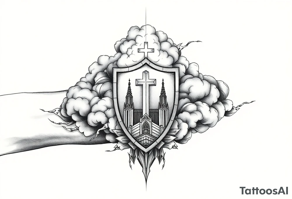 Half sleeve. powerful, cloud, shield, cross, sky, cathedral tattoo idea