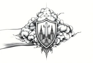 Half sleeve. powerful, cloud, shield, cross, sky, cathedral tattoo idea