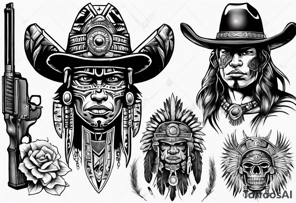 Aztec warrior with cowboy hat holding a gun tattoo idea