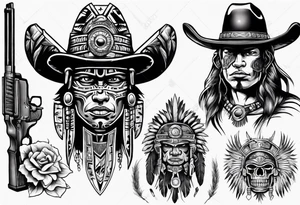 Aztec warrior with cowboy hat holding a gun tattoo idea