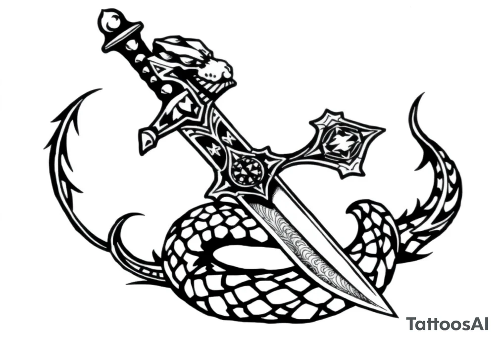 mystical snake coiled around an ancient dagger with jeweled hilt tattoo idea