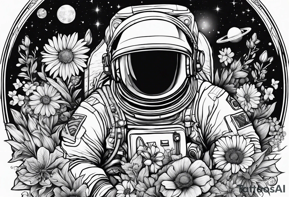 Astronaut laying in flowers tattoo idea