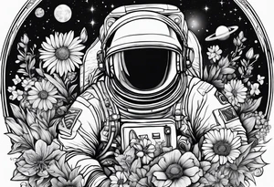 Astronaut laying in flowers tattoo idea