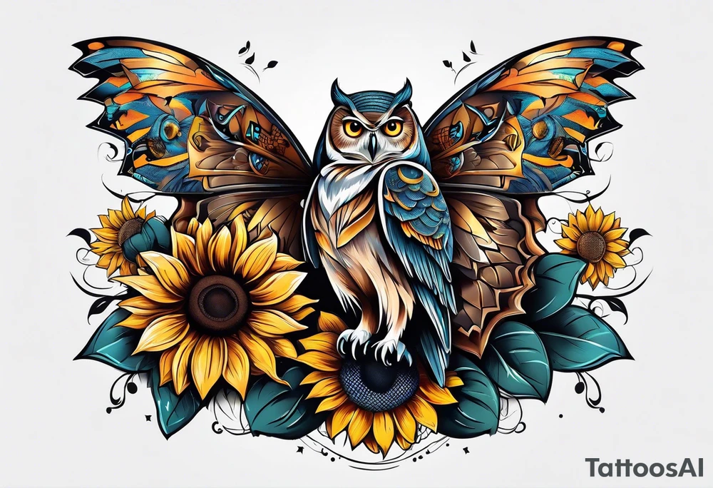 Owl with butterfly and sunflower tattoo idea