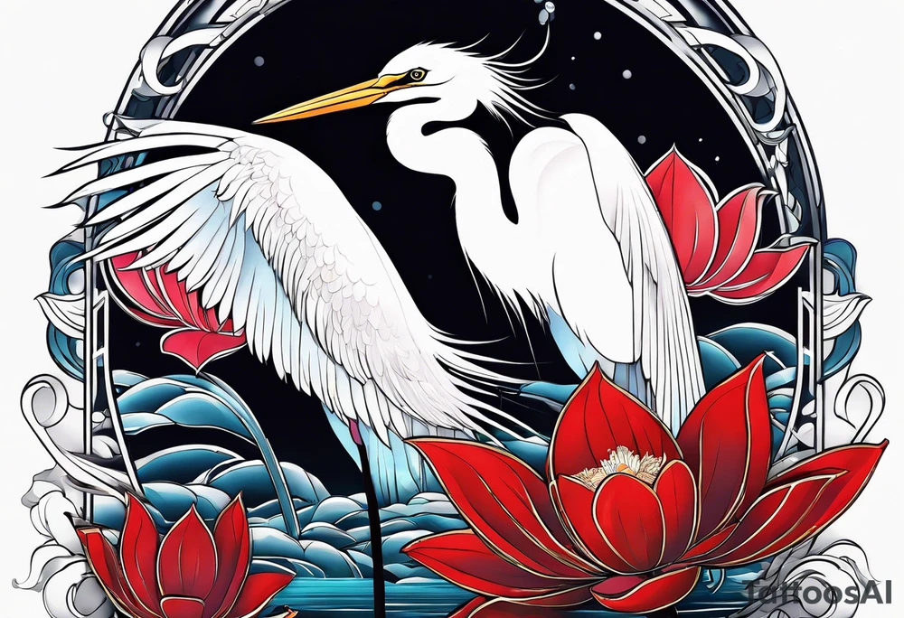 Egret and red lotuses tattoo idea