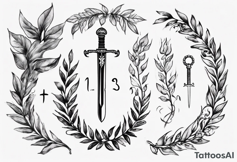 the number 13, a sword, a laurel leaf wreath, and amor fati. tattoo idea