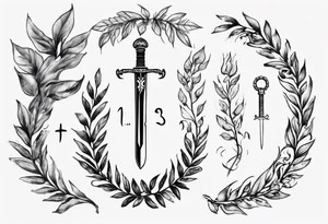 the number 13, a sword, a laurel leaf wreath, and amor fati. tattoo idea