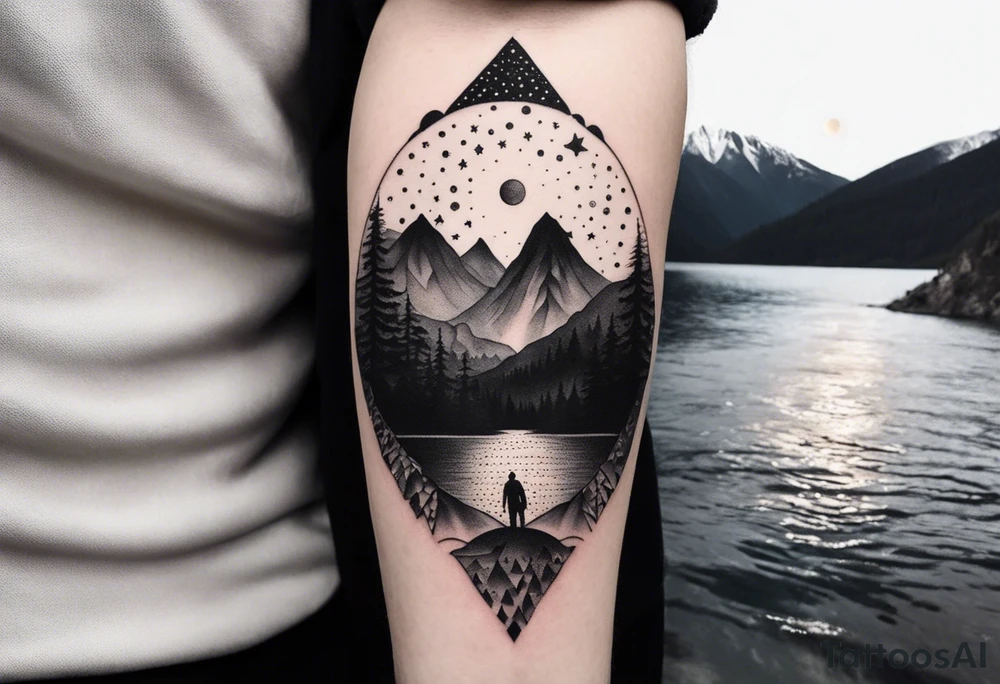 nature with mountains, waterfall, water, and a father and son in the background and and moon/sun in the sky with stars tattoo idea