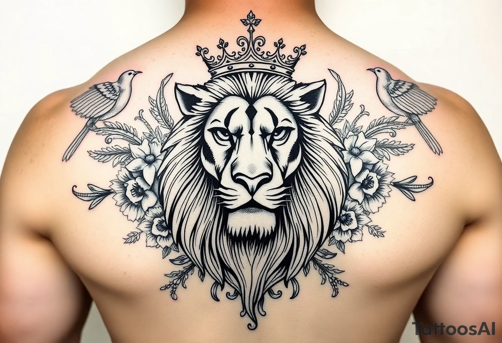 powerful majestic lion with a crown, surrounded by floral ornaments and birds tattoo idea