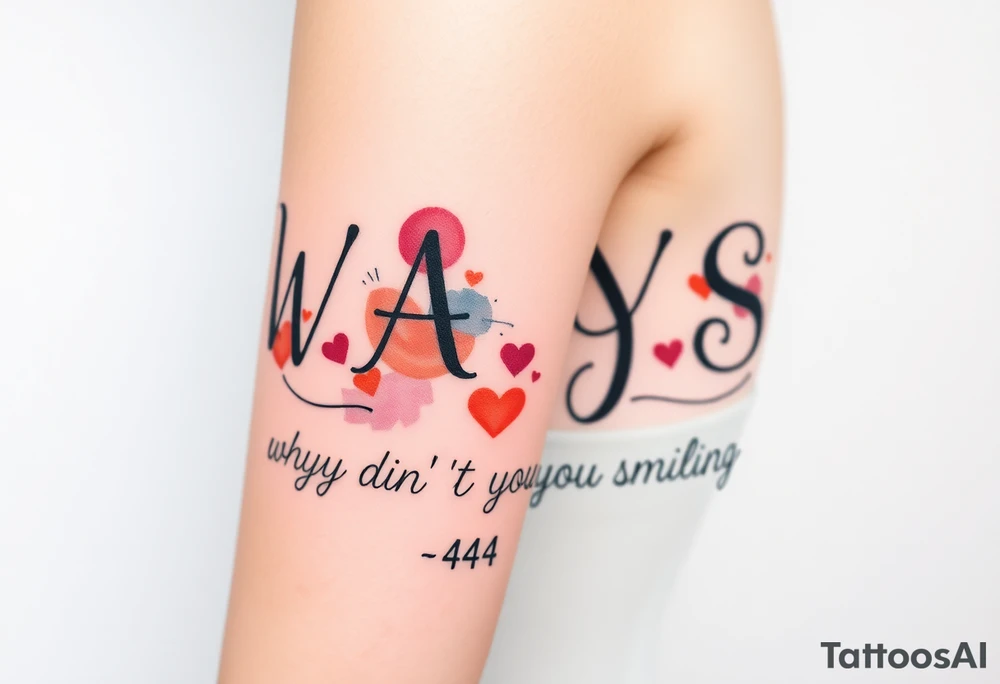 W.A.Y.S spelled out with why aren’t you smiling under neath it with hearts with 444 tattoo idea
