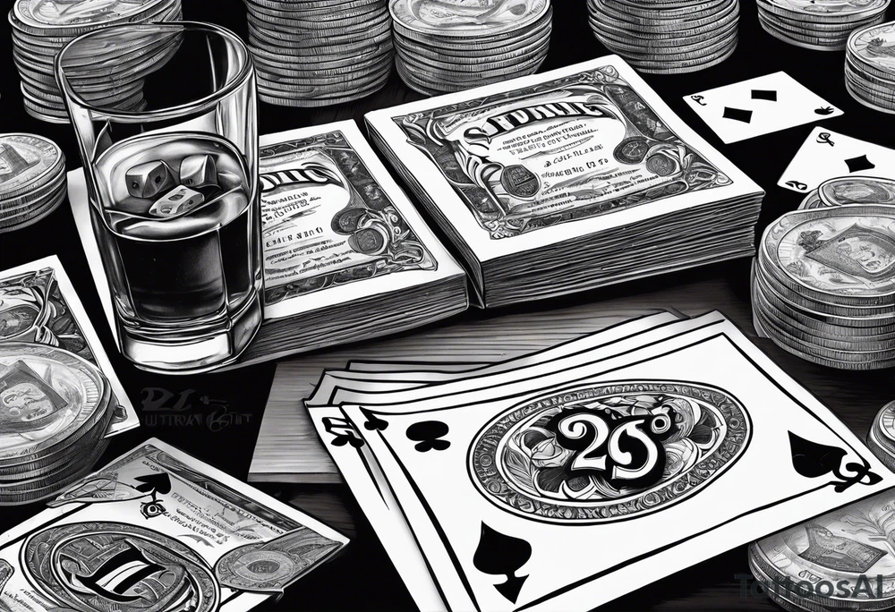 cards, money, dice, and whiskey on ice, tattoo idea