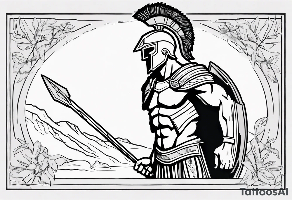 rectangular landscape format ultra-fine line linework vector of a spartan from the side, spartan spear, spartan shield, laurel wreath tattoo idea