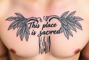 This place is sacred hand written on the trunk of a Hawaiian breadfruit tree tattoo idea