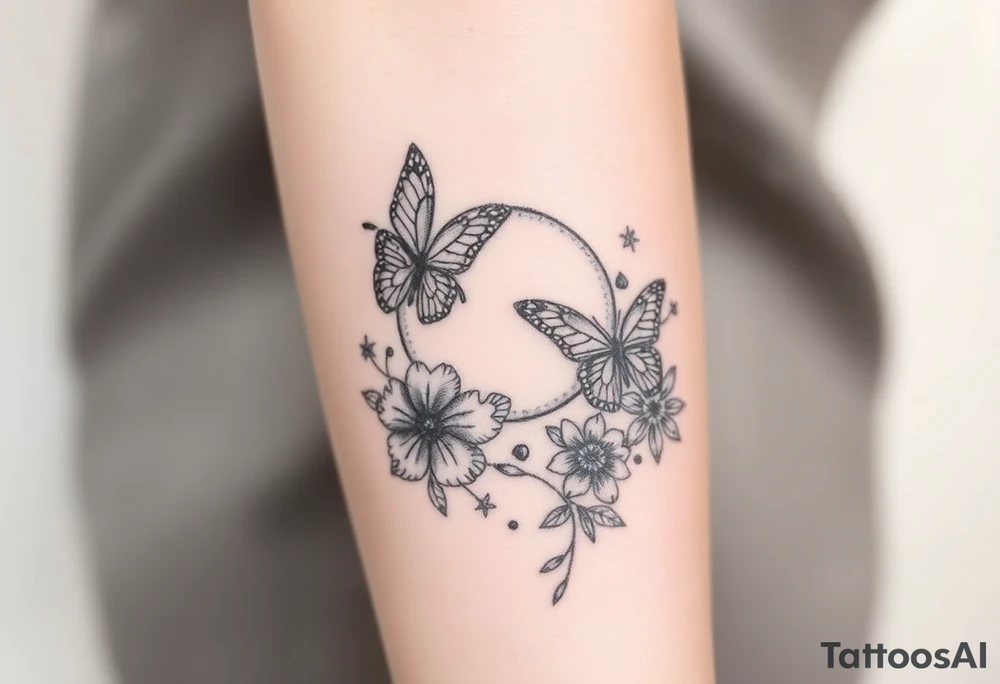 Butterflies flowers moon tattoo idea