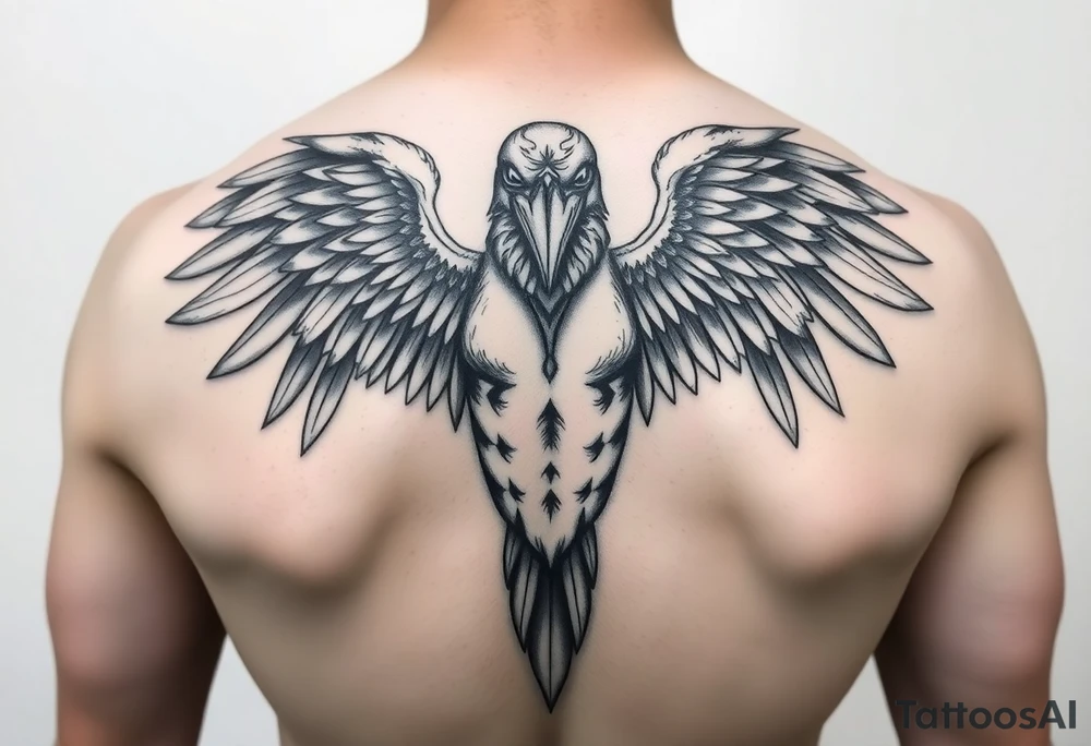 Create a detailed upper back tattoo design featuring a central figure with a crow head facing forward, a human body, and two symmetrical angel wings extending outward. . Use a grayscale style with intricate shading, ensuring a balanced and bold composition. Avoid side profiles for the crow head, keeping it directly forward tattoo idea