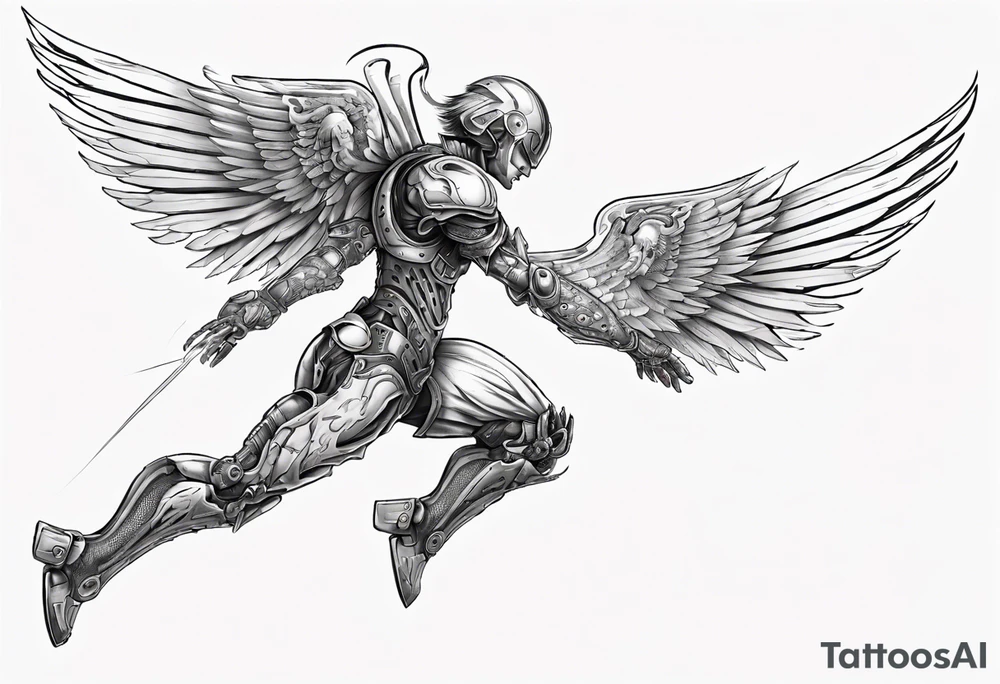 Side view of an angel wearing inorganic armor that is in mid-air in attack position. tattoo idea