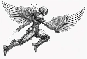 Side view of an angel wearing inorganic armor that is in mid-air in attack position. tattoo idea