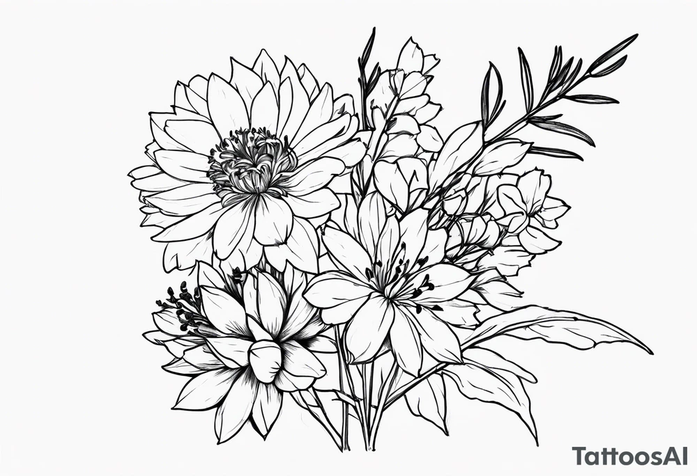 Aster and  delphinium tall bouquet tattoo idea