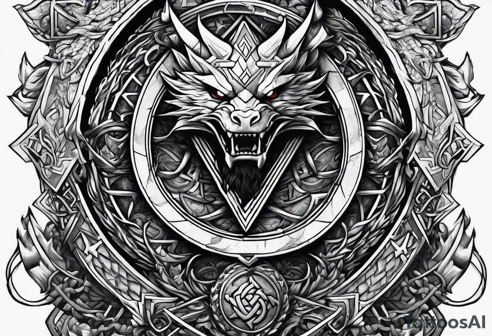 Valhalla sword shield dragon axe stairs Valknut barbed wire chains valknut fire tattoo idea Valhalla sword shield dragon axe stairs Valknut barbed wire chains valknut fire tattoo idea