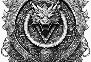 Valhalla sword shield dragon axe stairs Valknut barbed wire chains valknut fire tattoo idea