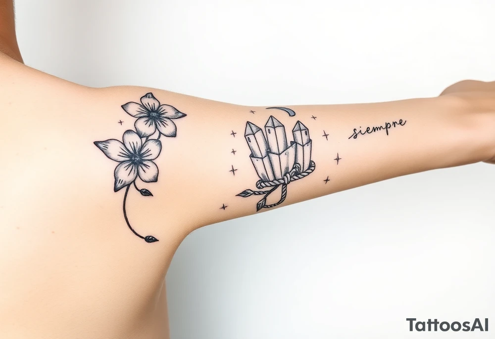 Placement: Forearm half sleeve, with forget-me-not wrapped around, with 3 small butterflies placed around it on the outer forearm. The word ‘siempre’ along the inside of the wrist around the radial pulse area. On the palm side of the wrist, there is 444 and a fine line moon and star. On the inner forearm, there are two crystals tied together with rope, with some stars dotted around it and two fine line leaf stems, and a moon above it. All tattoos in black ink. tattoo idea