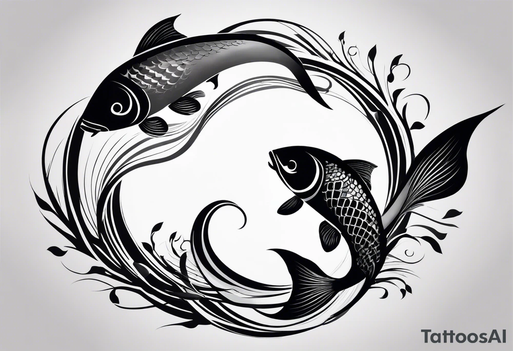 Design a half-sleeve tattoo in a smooth, shaded style with black and grey tones. The central focus is two fish swimming in a circular motion, like a yin-yang, gracefully moving in a loop. The fish should have flowing tails and fins, with soft shading that gives a sense of motion and balance.

Surround the fish with a bed, where a man is lying down but his feet stick out, symbolizing discomfort or not fitting in. The bed should blend subtly into the background, using minimal lines, to avoid distracting from the fish. The sheets or bed frame should flow into the circular motion created by the fish.

Add an astronaut floating nearby, connected to the bed scene. The astronaut should appear weightless, as if drifting in space, with their posture relaxed and slightly tilted, fitting within the circular flow of the fish. Clouds should form softly around the astronaut and the bed, blending into the scene to create a dreamy, ethereal background.

From one side of the circular fish motion, flames should emerge, adding dynamic energy to the design. The flames should be subtle but lively, with light shading, balancing the softness of the clouds with some intensity.

Finally, include the text "MMIX" in bold, sketchy font either below or beside the main design. The text should be clear but in harmony with the hand-drawn style of the fish and flames. tattoo idea