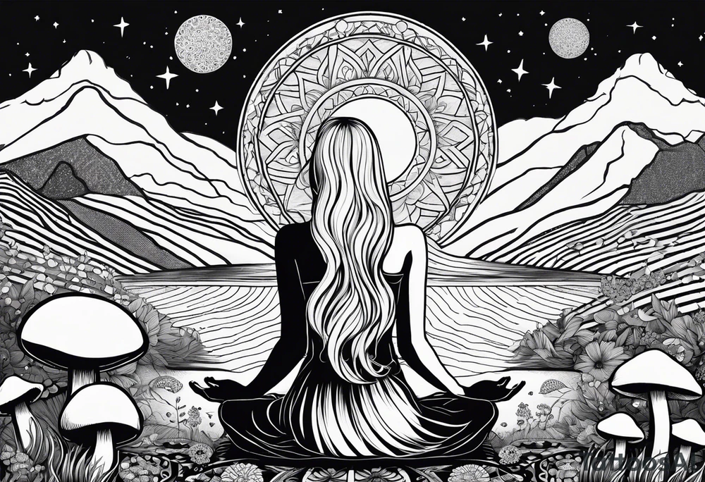 Straight blonde hair girl meditating facing away toward mountains surrounded by mushrooms crescent moon mandala circular design black and white striped dress tattoo idea