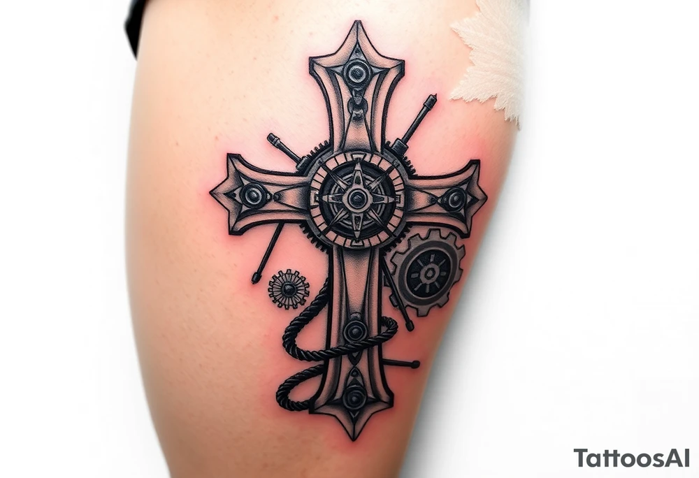 A bio-mechanical Maltese cross fused with gears and wires, combining organic and mechanical elements tattoo idea