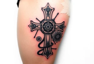 A bio-mechanical Maltese cross fused with gears and wires, combining organic and mechanical elements tattoo idea