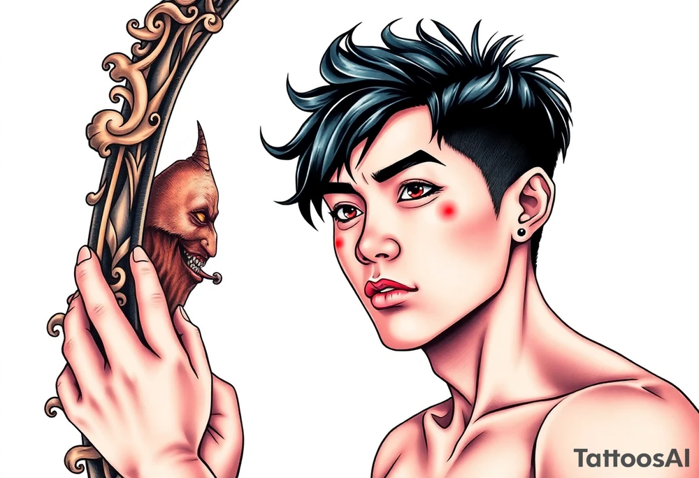 Handsome Asian young guy is looking in cursed mirror and see the evil tattoo idea