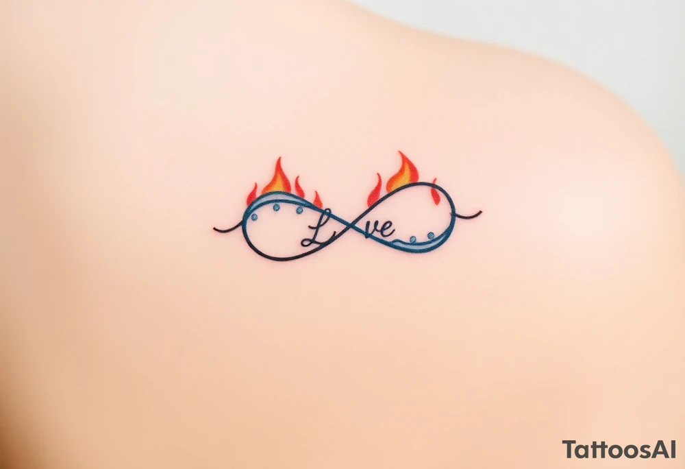 A fire and water-themed infinity symbol, with "Love" written where the two elements meet—flames in deep red and blue waves blending seamlessly tattoo idea