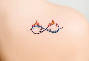 A fire and water-themed infinity symbol, with "Love" written where the two elements meet—flames in deep red and blue waves blending seamlessly tattoo idea