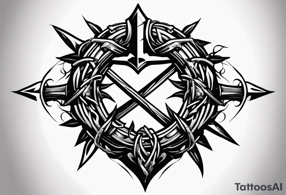 A simple design of a crown of thorns resting on the guard of a sword that is piercing a heart tattoo idea