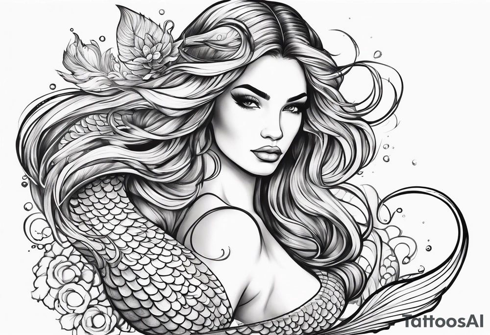 sexy goddess mermaid with flowing hair and long flowing tail with scales and tattoos combine the favorites tattoo idea