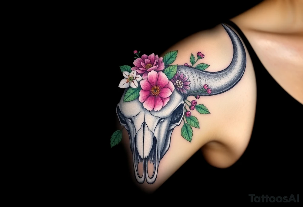 Buffalo skull with flowers. Peony, snowdrop, holly with berries, larkspur, peony. Colour. For upper arm or shoulder. Masculin. tattoo idea