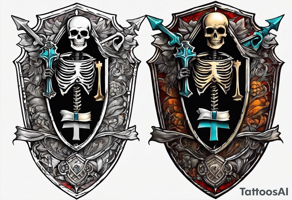 skeleton holding a shield with a cross on it tattoo idea