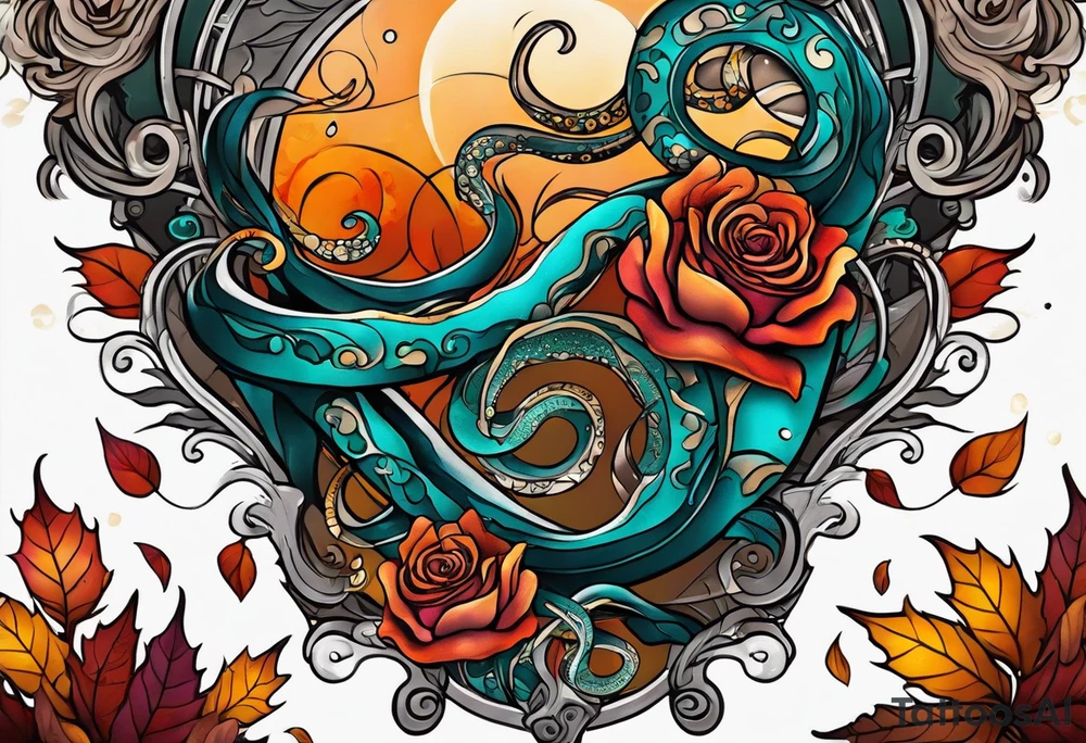 abstract left thigh tattoo with a large octopus in water swirls wrapping around rocks, a rose, in fall colors with some small leaves and fall elements tattoo idea