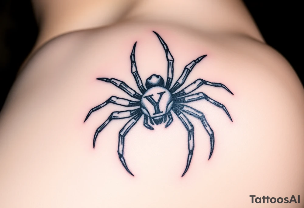 Spider crawling sideways with spread legs with the letter Y on the body of the spider tattoo idea